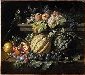Fruchtstück mit Melonen, Weintrauben, Feigen, Granatäpfeln, Pfirsichen und einem Papagei.
