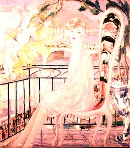 Portrait of Dolly Davis on a balcony in front of the old bridge of Alma à Jacqueline Marval