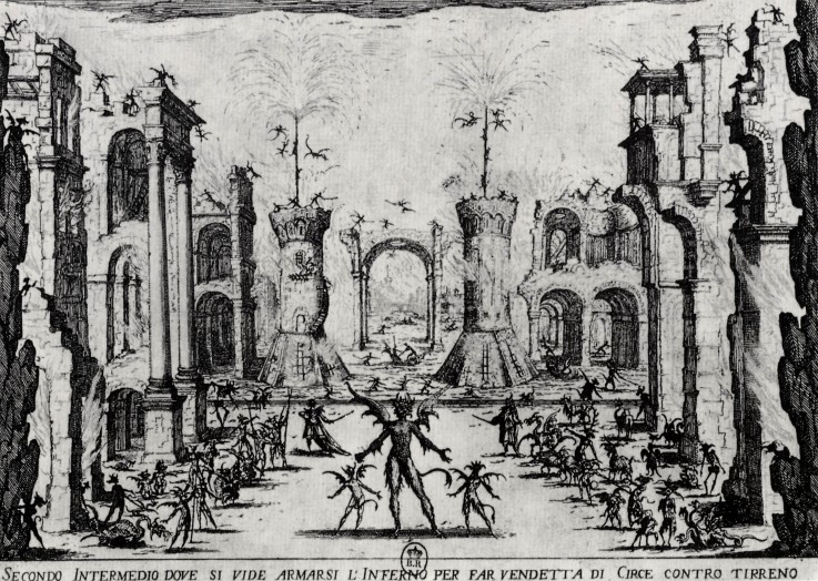 Illustration for Theatre play "Les intermèdes" by Andrea Salvadori (Second Act where Hell was seen t à Jacques Callot