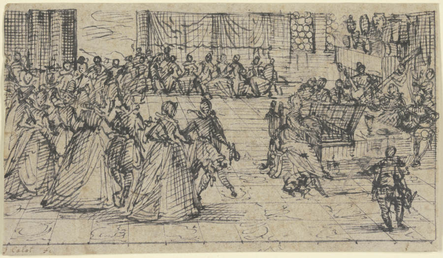 Kavaliere und Damen beim Tanze, eine Dame spielt Klavier und wird von einem Orchester begleitet à Jacques Callot