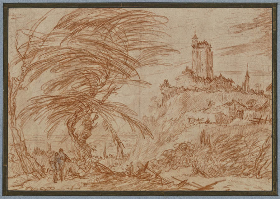 Landschaft, rechts auf einem Hügel ein großer Turm, links eine Baumpartie und einige Figuren à Jacques Callot