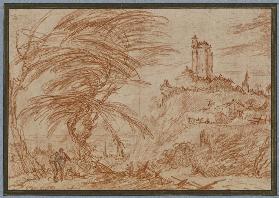 Landschaft, rechts auf einem Hügel ein großer Turm, links eine Baumpartie und einige Figuren