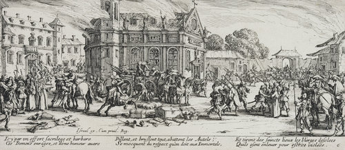 Les Miseres et les Mal-Heurs de la Guerre (Blatt 6): Die Zerstörung eines Klosters à Jacques Callot