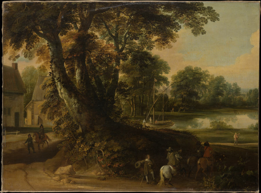 Landscape with a Group of Trees at the Shore of a Lake, Three Riders on the Road in the Foreground à Jacques d' Arthois