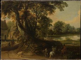 Landscape with a Group of Trees at the Shore of a Lake, Three Riders on the Road in the Foreground