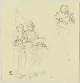 Studienblatt: Zwei Jungen mit Fahne und ein Geige spielender Junge