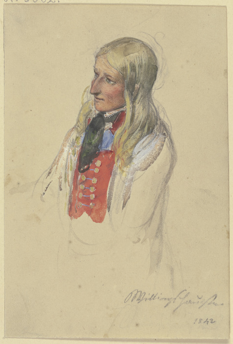 Brustbild einer jungen blonden Bäuerin in roter Weste und weißem Rock à Jakob Furchtegott Dielmann