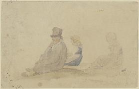 Ein Bauer mit einem Zylinderhut, eine Frau und ein Mädchen auf dem Boden sitzend, alle drei im Profi