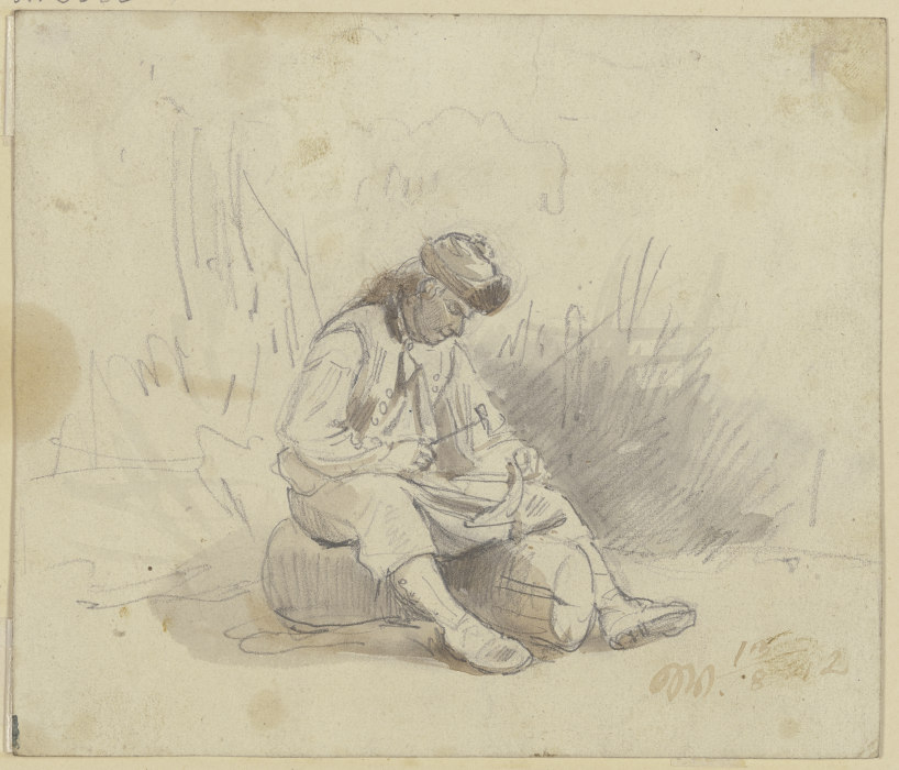 Ein Bauer sitzt auf einem Stück Holz und dengelt seine Sense à Jakob Furchtegott Dielmann