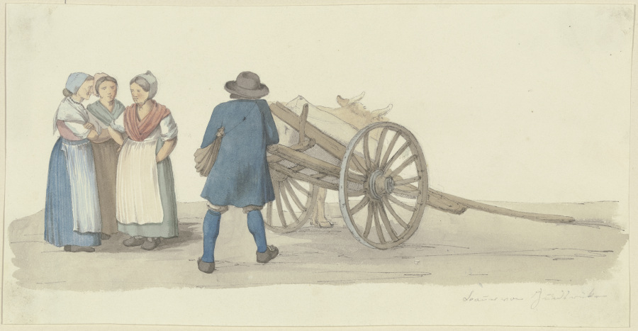 Ein Bauer und drei Frauen vom Hunsrück bei einer Karre, dahinter ein Rind à Jakob Furchtegott Dielmann