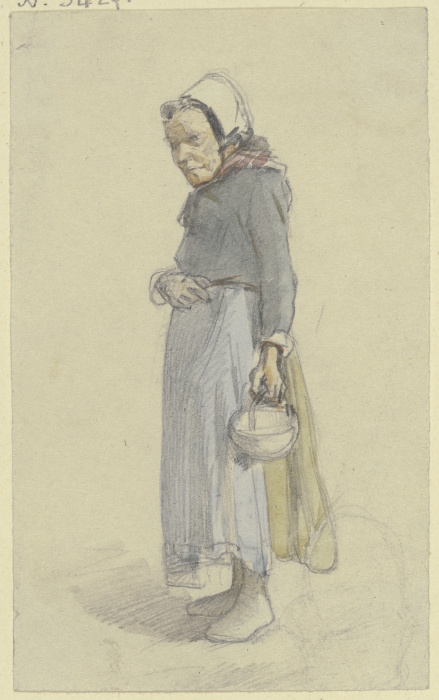 Eine alte Frau nach links gewandt, in der herabhängenden Linken ein Körbchen tragend à Jakob Furchtegott Dielmann