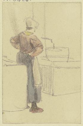 Eine Frau in Rückenansicht und in die Hüfte gestemmten Hände wartet an einem Brunnen, bis ihr Zuber 