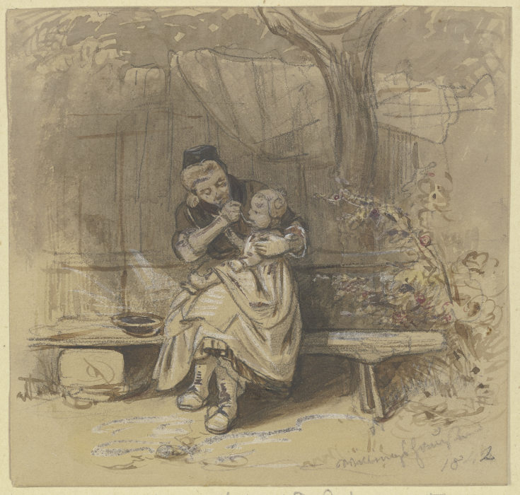 Frau, im Freien ein kleines Kind fütternd à Jakob Furchtegott Dielmann