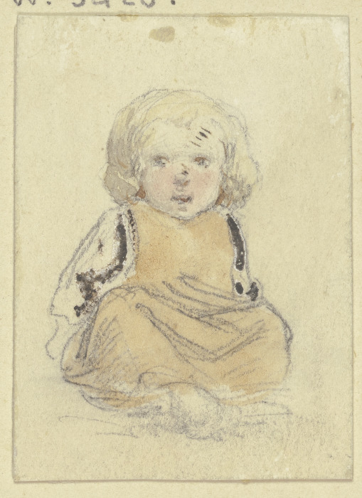 Sitzendes kleines blondes Kind in gelbem Kleidchen, von vorn à Jakob Furchtegott Dielmann