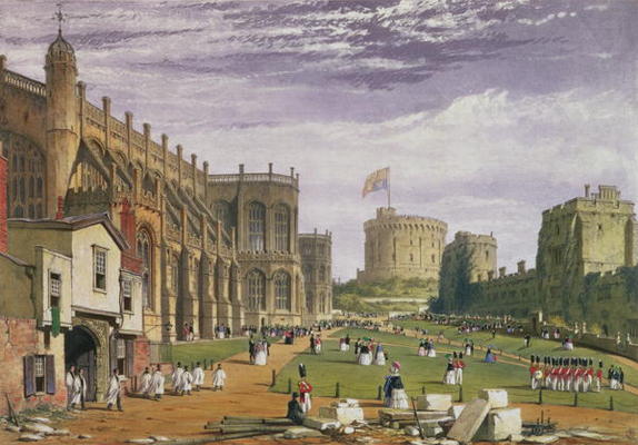 Lower Ward with a view of St George's Chapel and the Round Tower, Windsor Castle, 1838 (colour litho à James Baker Pyne