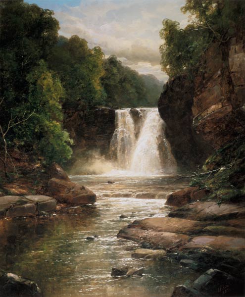 A Wooded River Landscape with Waterfall à James Burrell Smith