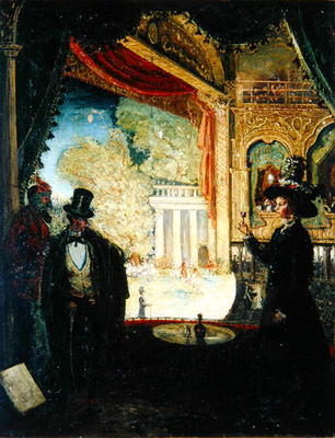 A Scene in a Theatre: A Performance Seen from a Box in which Three figures are Standing, 1908 (oil o à James Dickson Innes