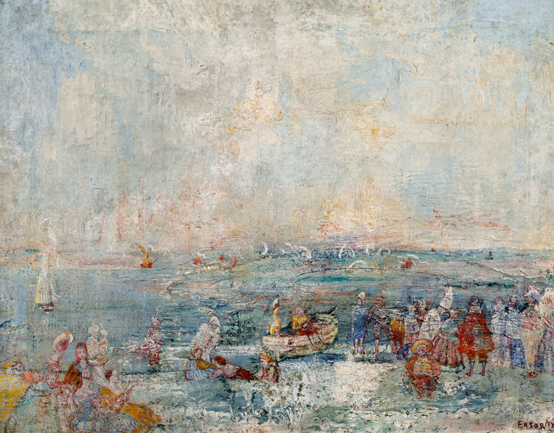 The carnival on the beach, 1887, by James Ensor (1860-1949), oil on canvas, 54x69 cm. Belgium, 19th  à James Ensor
