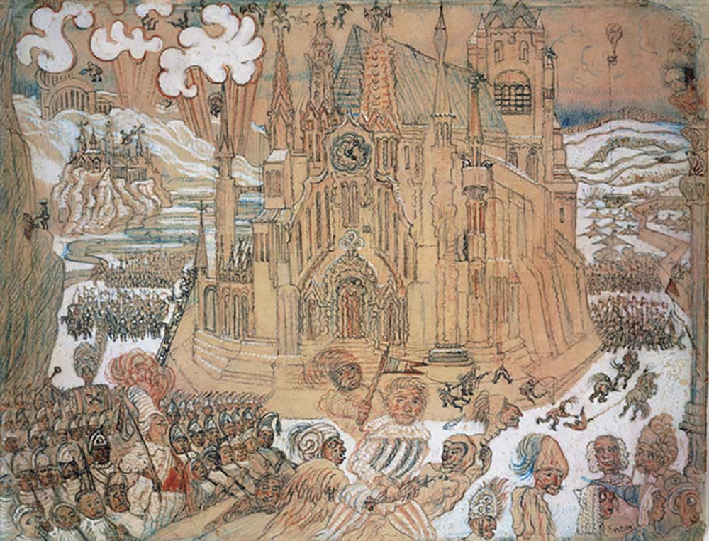 The cathedral, 1892, by James Ensor (1860-1949), pastels and gouache on paper, 22x29 cm. Belgium, 19 à James Ensor