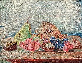Still life with pear, grapes and nuts