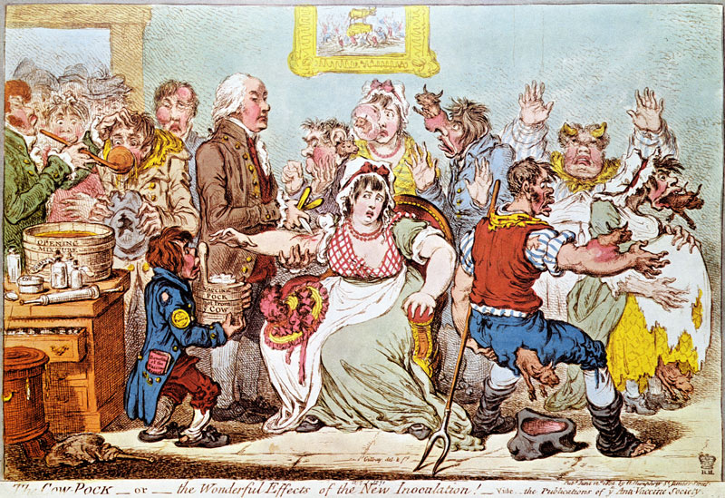 The Cow Pock or the Wonderful Effects of the New Inoculation, published by  H.Humphrey à James Gillray