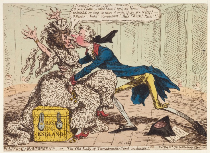 Political Ravishment, or the Old Lady of Threadneedle Street in Danger! à James Gillray