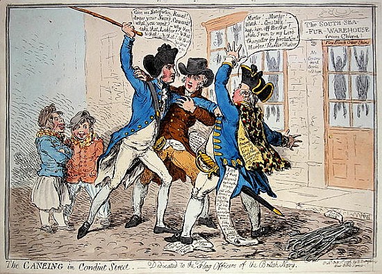 The Caneing in Conduit Street, published by  Hannah Humphrey à James Gillray