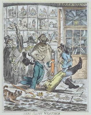 Very Slippy Weather, engraved by J. Sidebotham (colour litho) à James Gillray