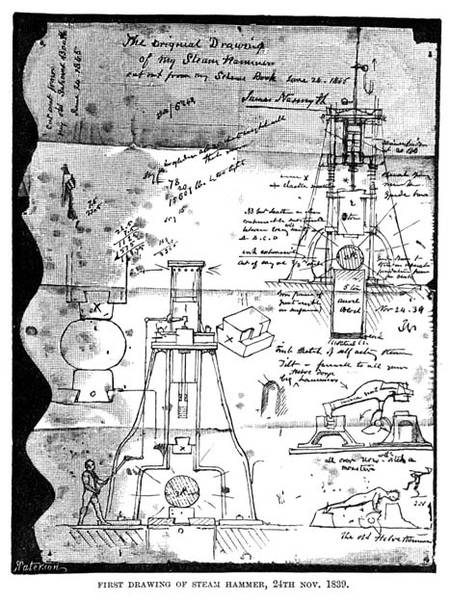 First Drawing of Steam Hammer, 24th November 1839, from a torn out page from Nasmyth's sketch book, à James Nasmyth