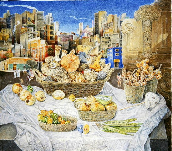 Still Life with Funghi and Cityscape, 2001 (oil on canvas)  à  James  Reeve