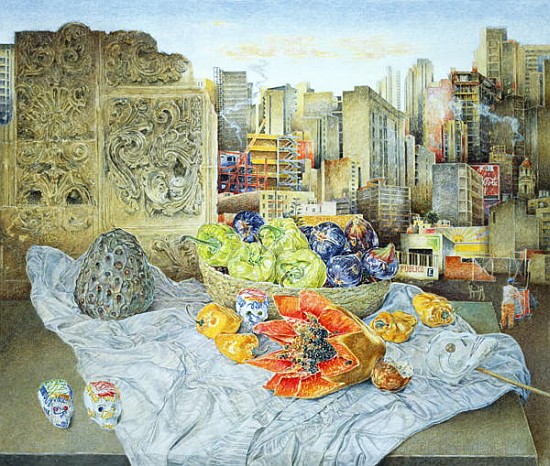 Still Life with Papaya and Cityscape, 2000 (oil on canvas)  à  James  Reeve