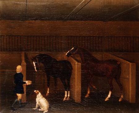 A groom, horses and a dog in a stable à James Seymour