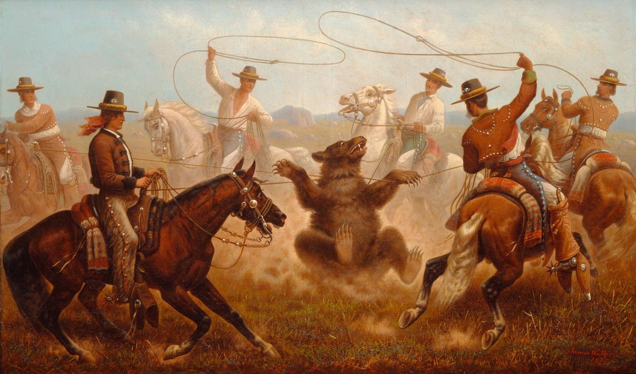 Cowboys Roping a Bear (Cowboys fangen einen Bären mit Lassos) à James Walker