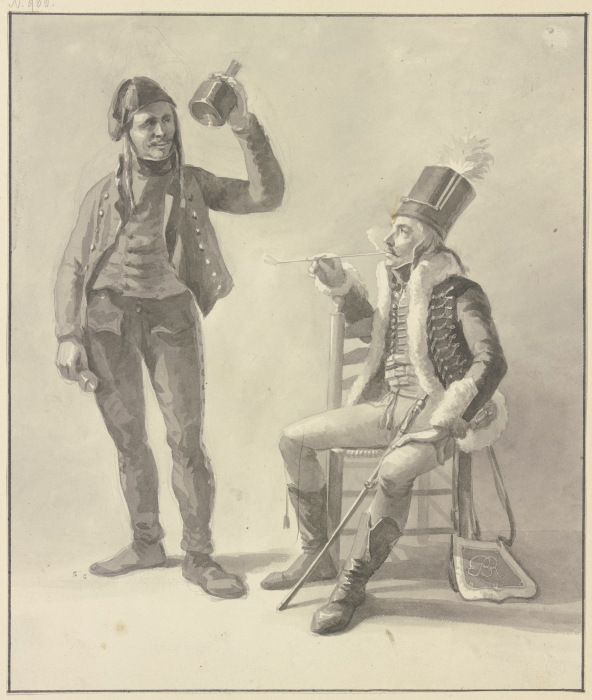 Sitzender rauchender Husar, dabei der Wirt mit Flasche und Glas à Jan Anthonie Langendijk