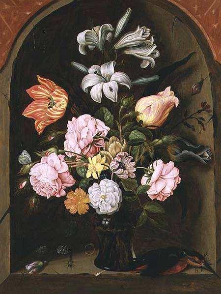 A Still Life of Flowers in a Vase and a Kingfisher on a Ledge à Jan Baptist van Fornenburgh