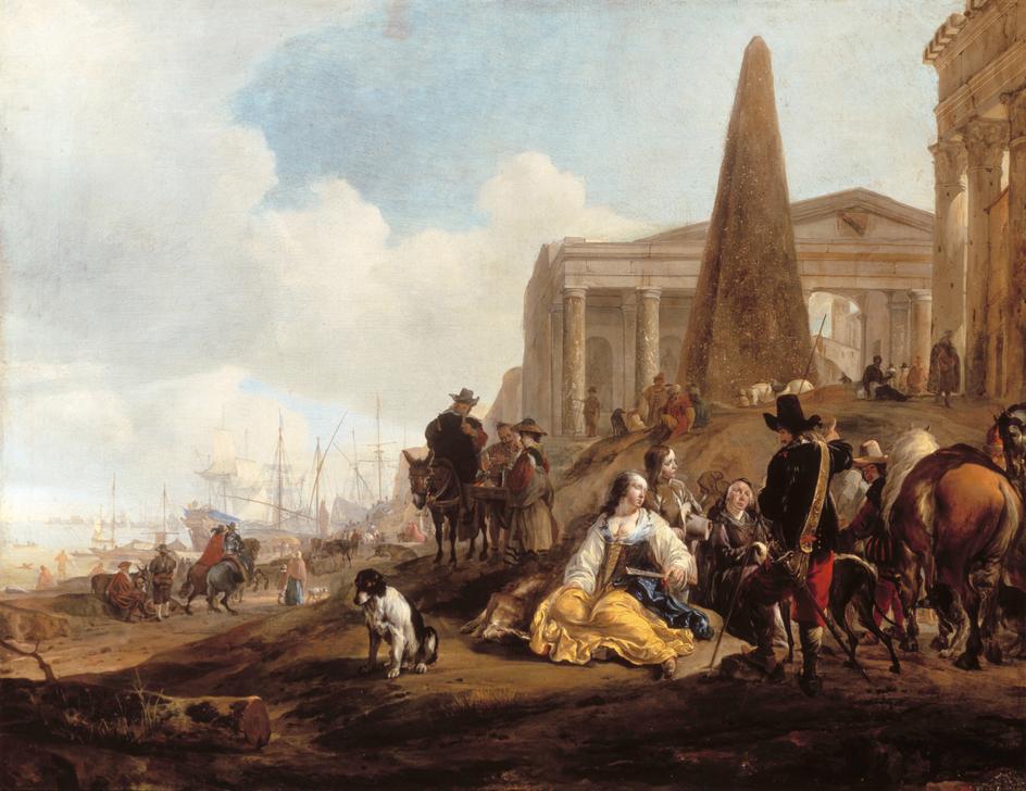 A Mediterranean Harbour Scene, with Figures resting in the à Jan Baptist Weenix