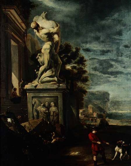 Sea port with figures by a classical statue à Jan Baptist Weenix