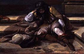Italian Port Scene, detail of a sleeping soldier