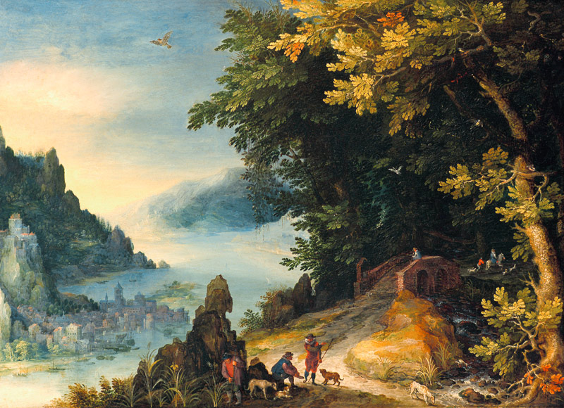 bords de rivière avec des randonneurs à Jan Brueghel l'Ancien