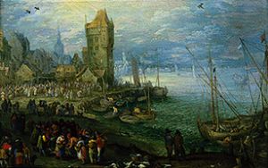Marché de poisson sur la plage de mer. à Jan Brueghel l'Ancien