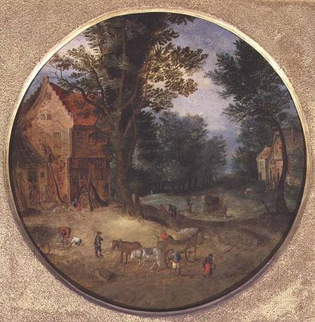 Flemish landscape with carts and figures (tondo, panel) à Jan Brueghel l'Ancien