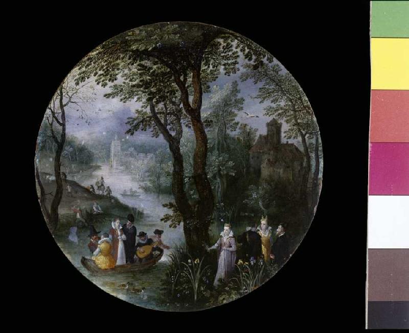 Flusslandschaft mit vornehmer Gesellschaft im Boot (Allegorie des Frühlings) à Jan Brueghel l'Ancien