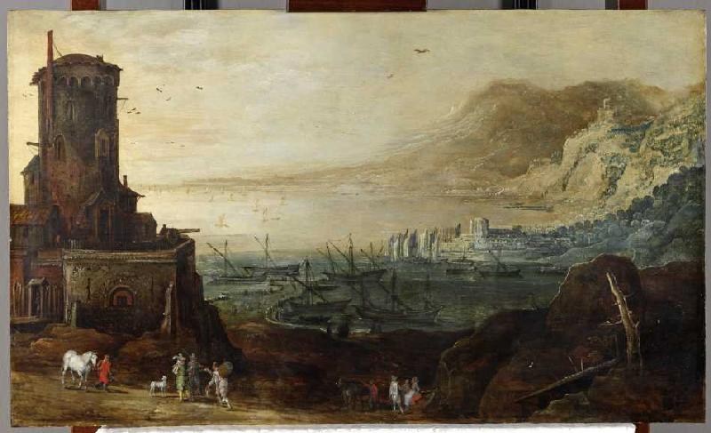 Hafenlandschaft mit Befestigungsturm à Jan Brueghel l'Ancien