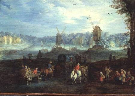 Landscape with Windmills (panel) à Jan Brueghel l'Ancien