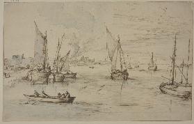 Marine mit vielen Schiffen, links ein Dorf, vorn ein Ruderboot