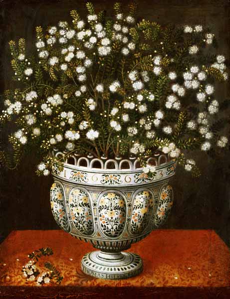 Myrtle In A Lobed-Footed Polychrome Maiolica Manises Vase On A Draped Ledge à Jan Brueghel l'Ancien