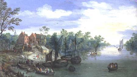 Rivercraft near a Jetty à Jan Brueghel l'Ancien