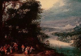 paysage forestier de fleuve avec voie de passage à Jan Brueghel l'Ancien