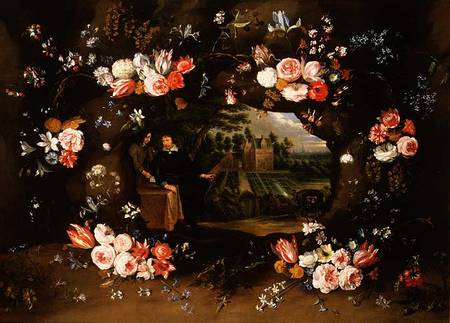 Garland of Flowers Encircling a Medallion Representing Nicolas de Man in front of his Property at An à Jan Brueghel le Jeune