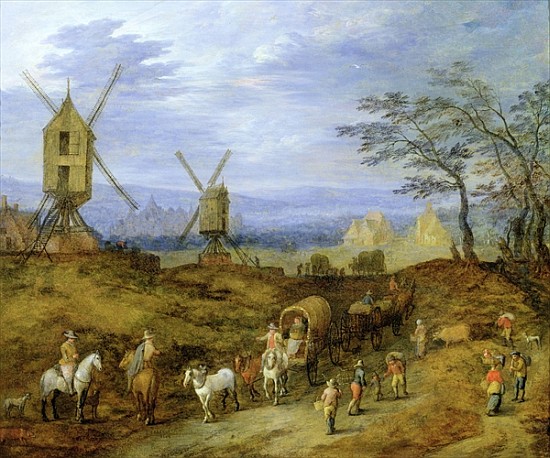 Landscape with Travellers near Windmills à Jan Brueghel le Jeune